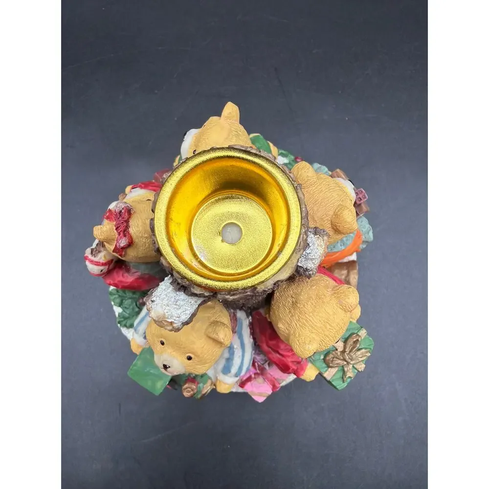 Vintage Teddy Bear Christmas Votive Candle Holder Resin Toys Tree Stump 3.5”x4”